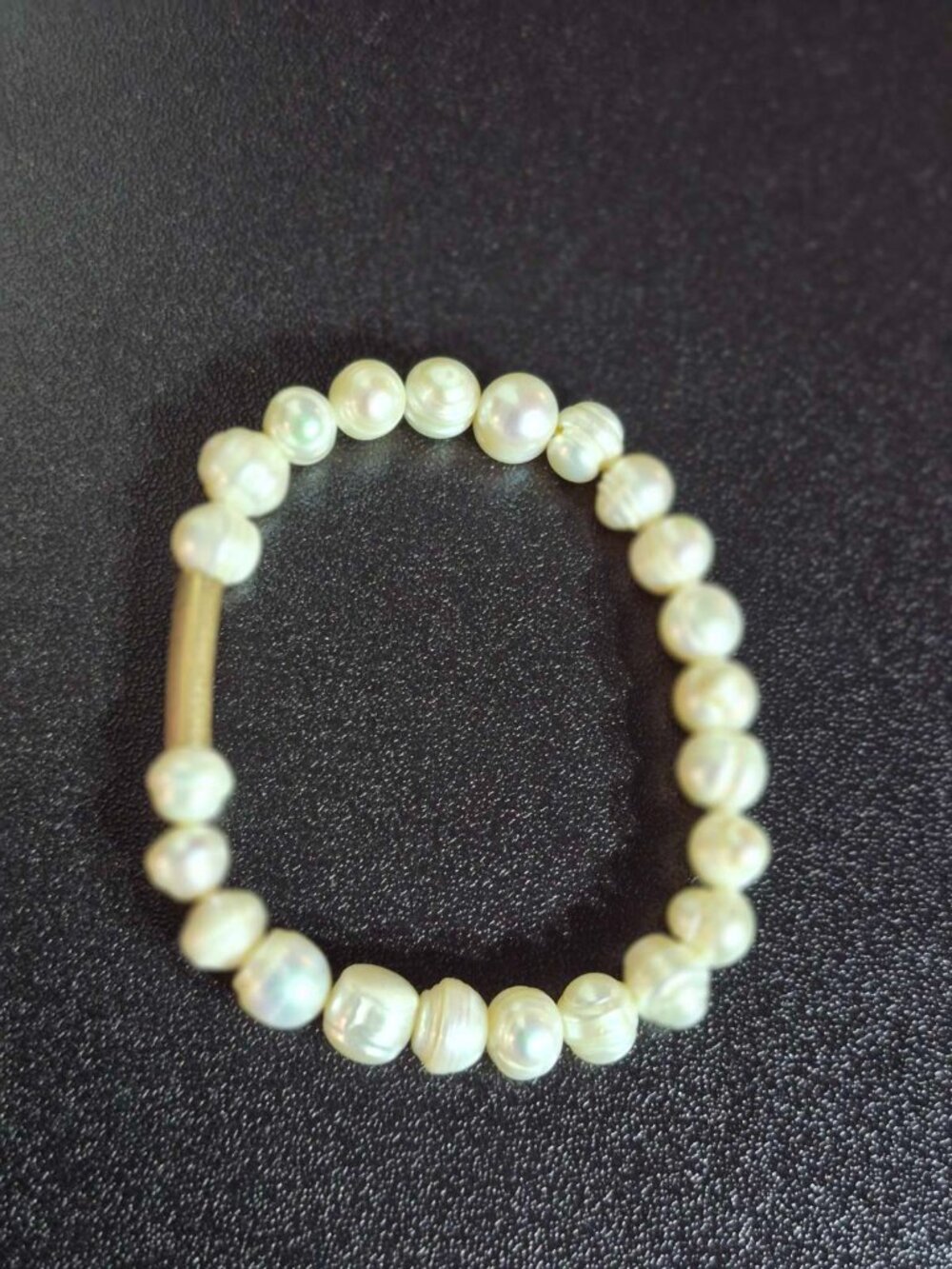 Freshwater Pearl Stretch Bracelet with Gold Bar Accent • Minimalist Boho